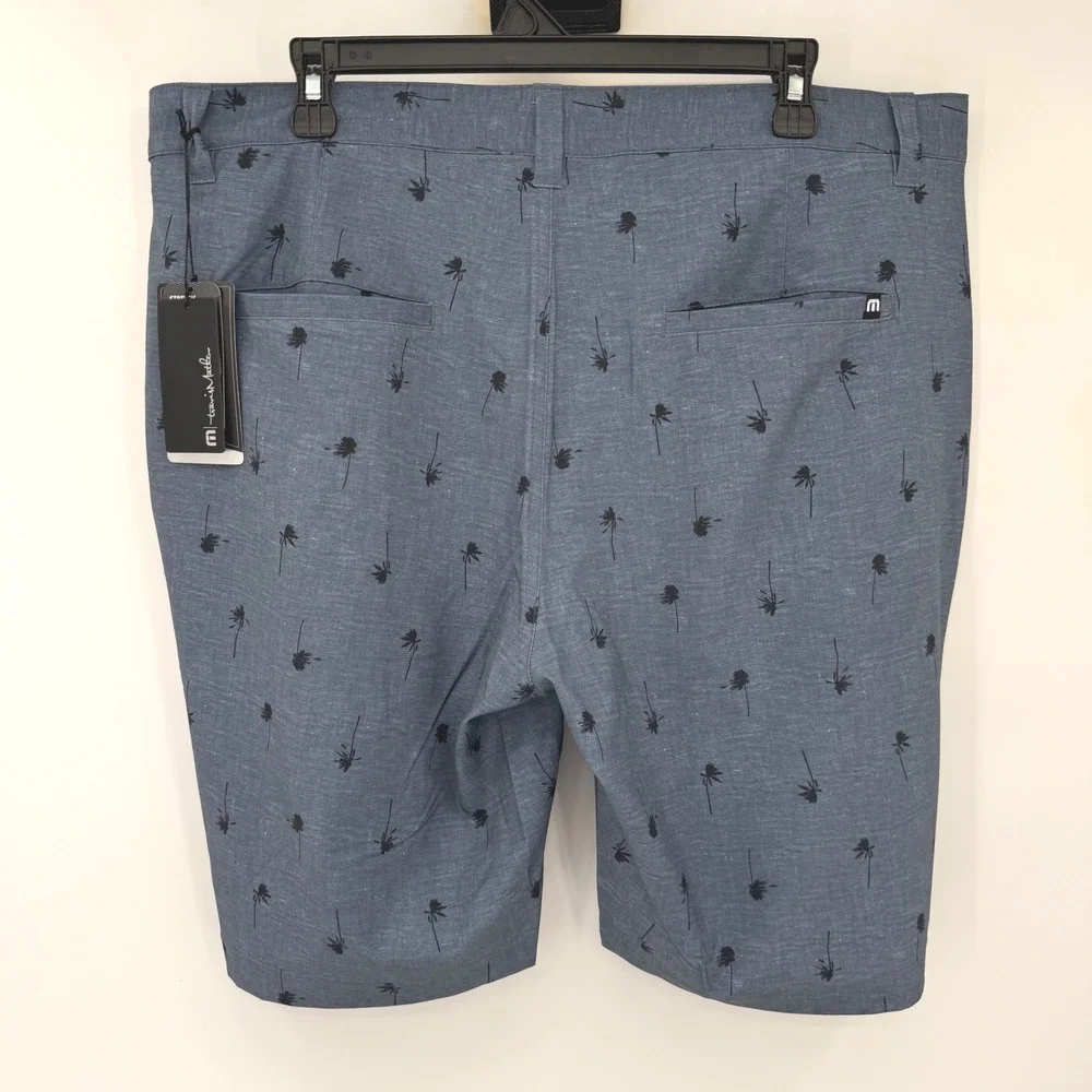 Travis Mathew Shorts Mens 38 Blue Nights But Why Palm Tree Print Stretch Golf